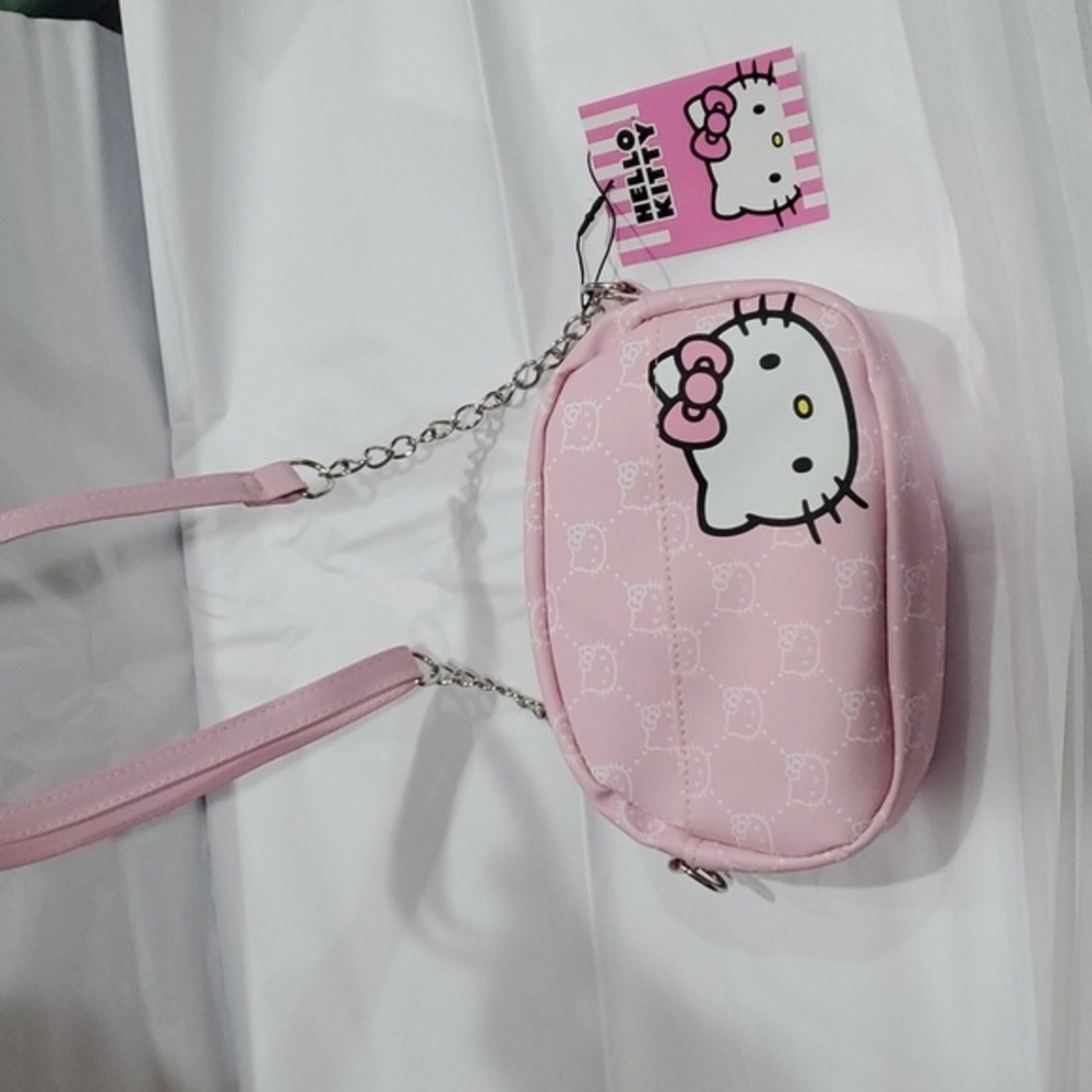 Hello Kitty pink canvas look hello kitty logo chainlink crossbody‎ bag purse new